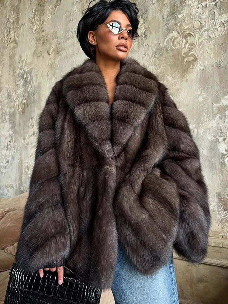 Faux Fur Coat – Turn-Down Collar – Man-Made Fiber – Mixed Color | KIMLUD