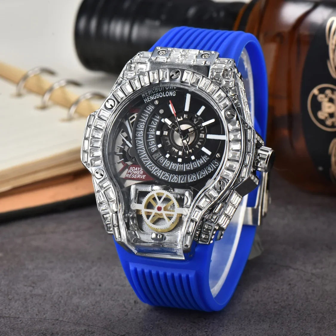 Luxury Diamond Case Mens Quartz Watches — Black | KIMLUD