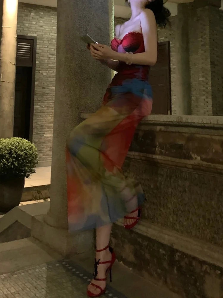 Patchwork Lace Mesh Maxi Dress Low-Neck Sleeveless Backless — Multicolor | KIMLUD