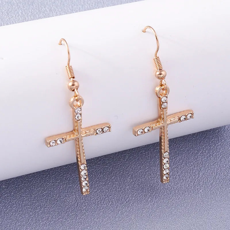 Silver-Tone Cross Earrings Zircon Crystal Dangle — Silver | KIMLUD