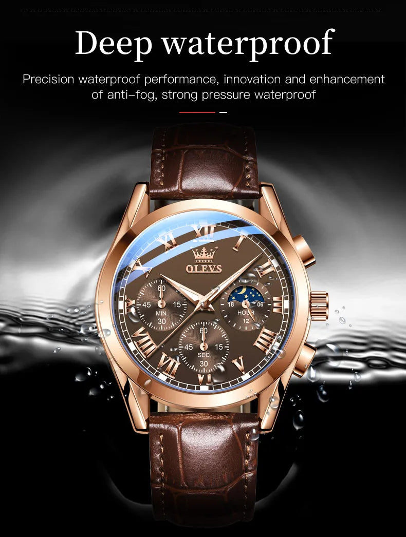 Rose-Gold Chronograph Moon Phase Watch Leather Strap — Black | KIMLUD