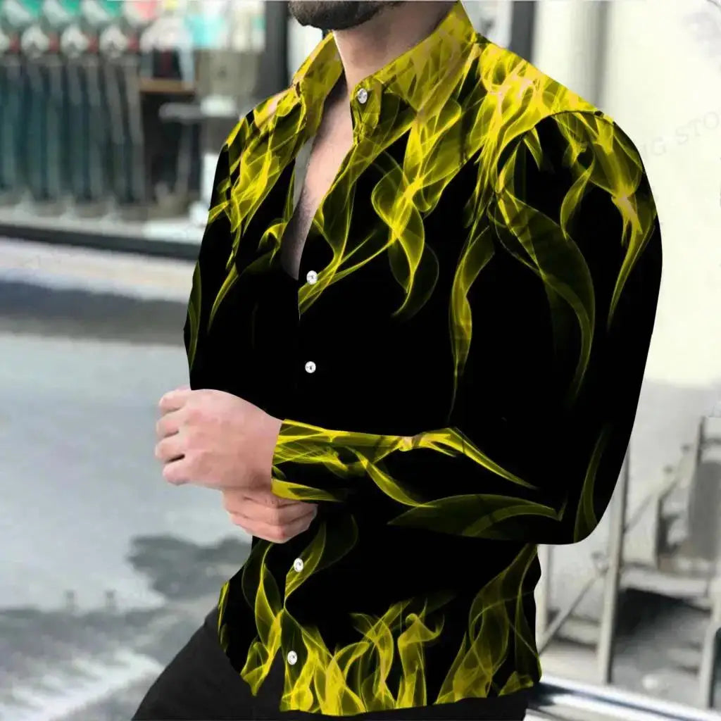 Polyester Flame Print Shirt Long-Sleeve Turn-Down Collar Button-Front — Black | KIMLUD