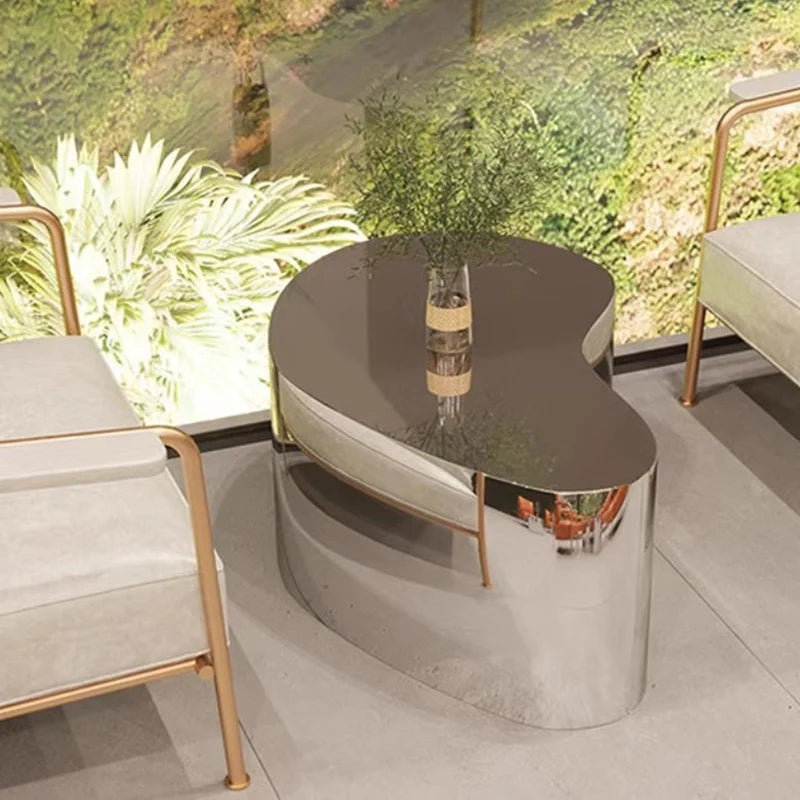 Industrial Metal Coffee Table Sculptural — Brushed Stainless Steel | KIMLUD