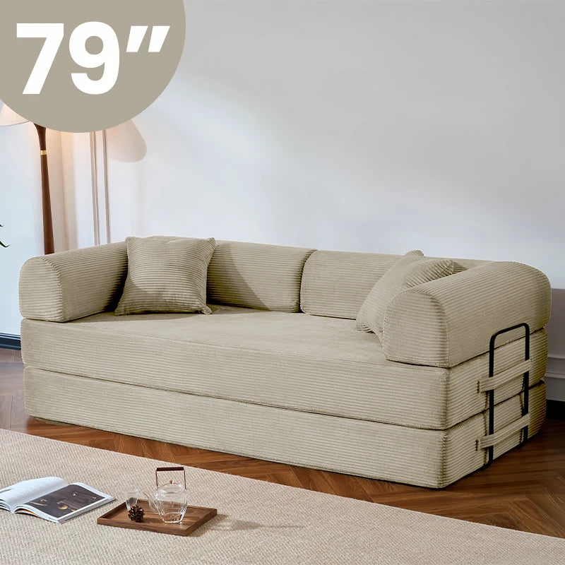 Corduroy Folding Convertible Sofa Bed — Olive | KIMLUD
