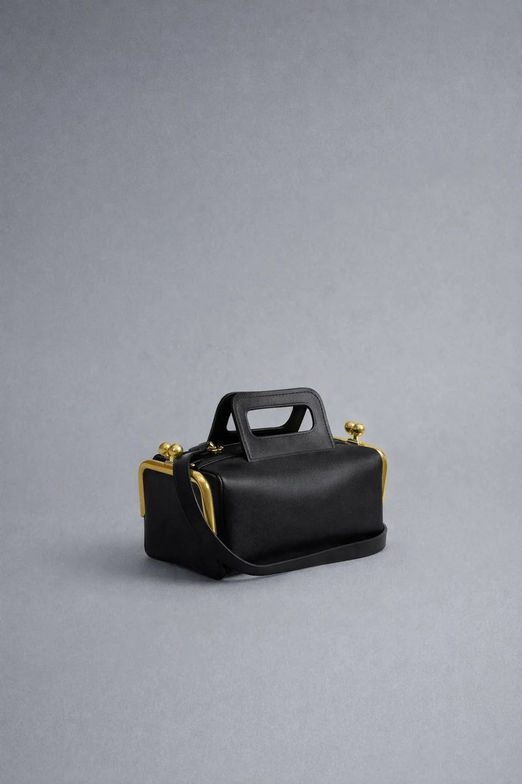 PU Frame Kiss Lock Shoulder Bag Two-Side Clamp Design — Black | KIMLUD