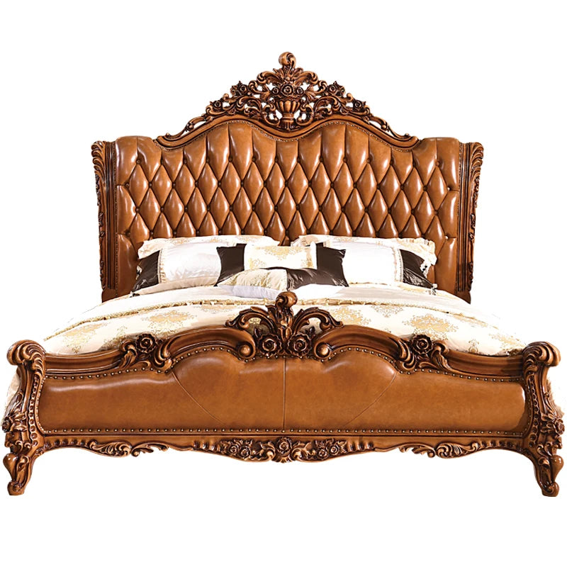 Genuine Leather Bed Romantic Design — Cognac Brown | KIMLUD