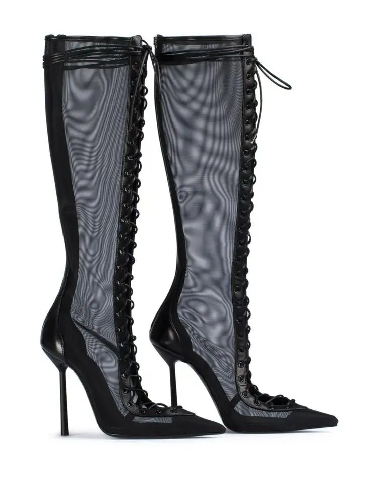 Mesh Leopard Cross Tie Knee-High Boots — Gray | KIMLUD