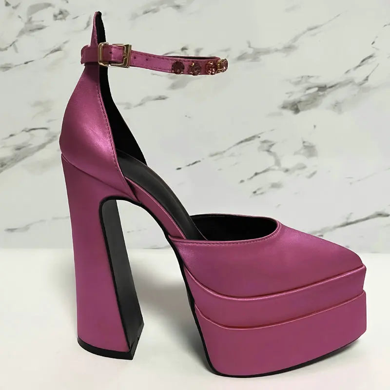 2025 New Fashion Catwalk Show Women's Single Shoes Fashion Pumps Summer Water Platform Thick Heel Pointed Toe Satin High Heels