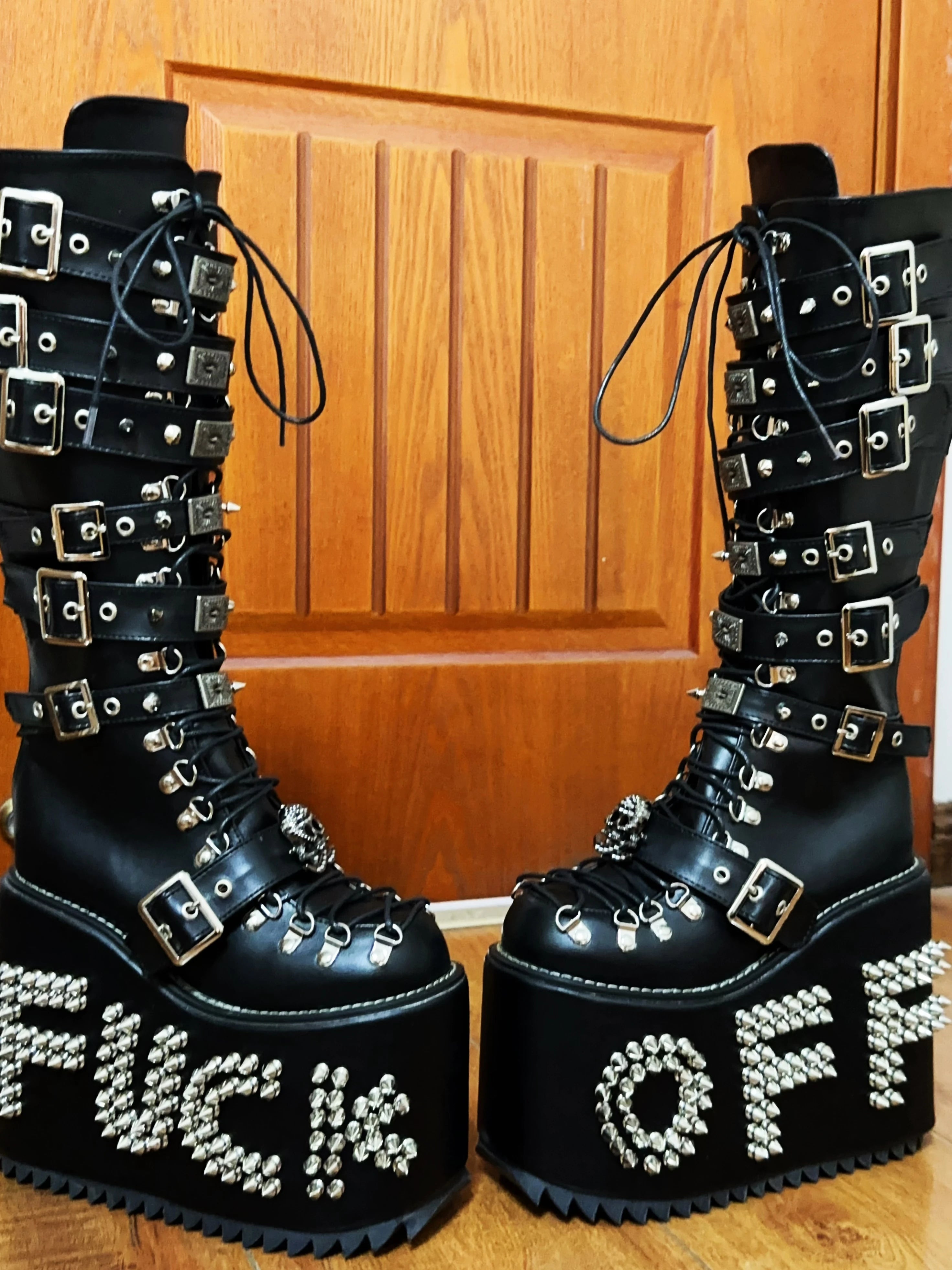 Women Motorcycle Boots women super high thick Heels pumps Cool Lady knight customized boots girl punk Gothic long boots rivets