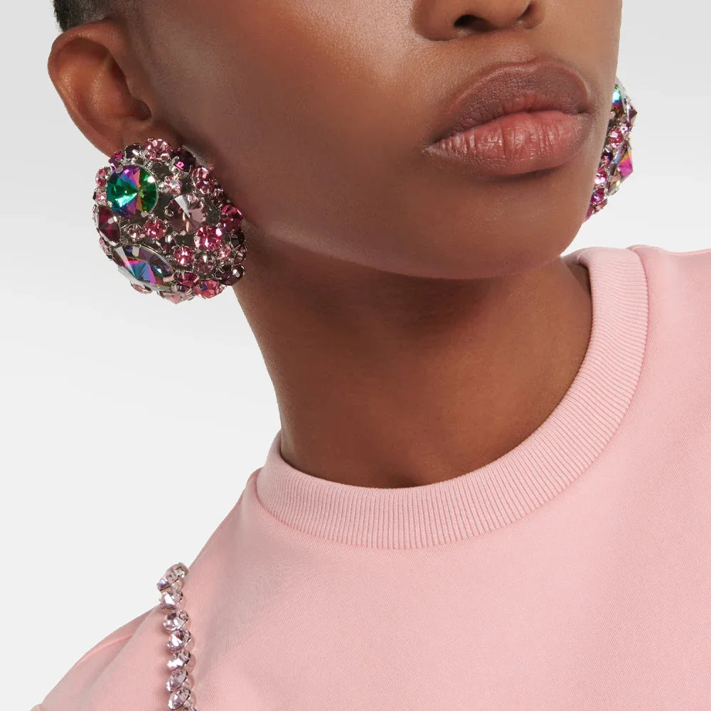 Crystal Clip Earrings Round — Multi-Colored | KIMLUD