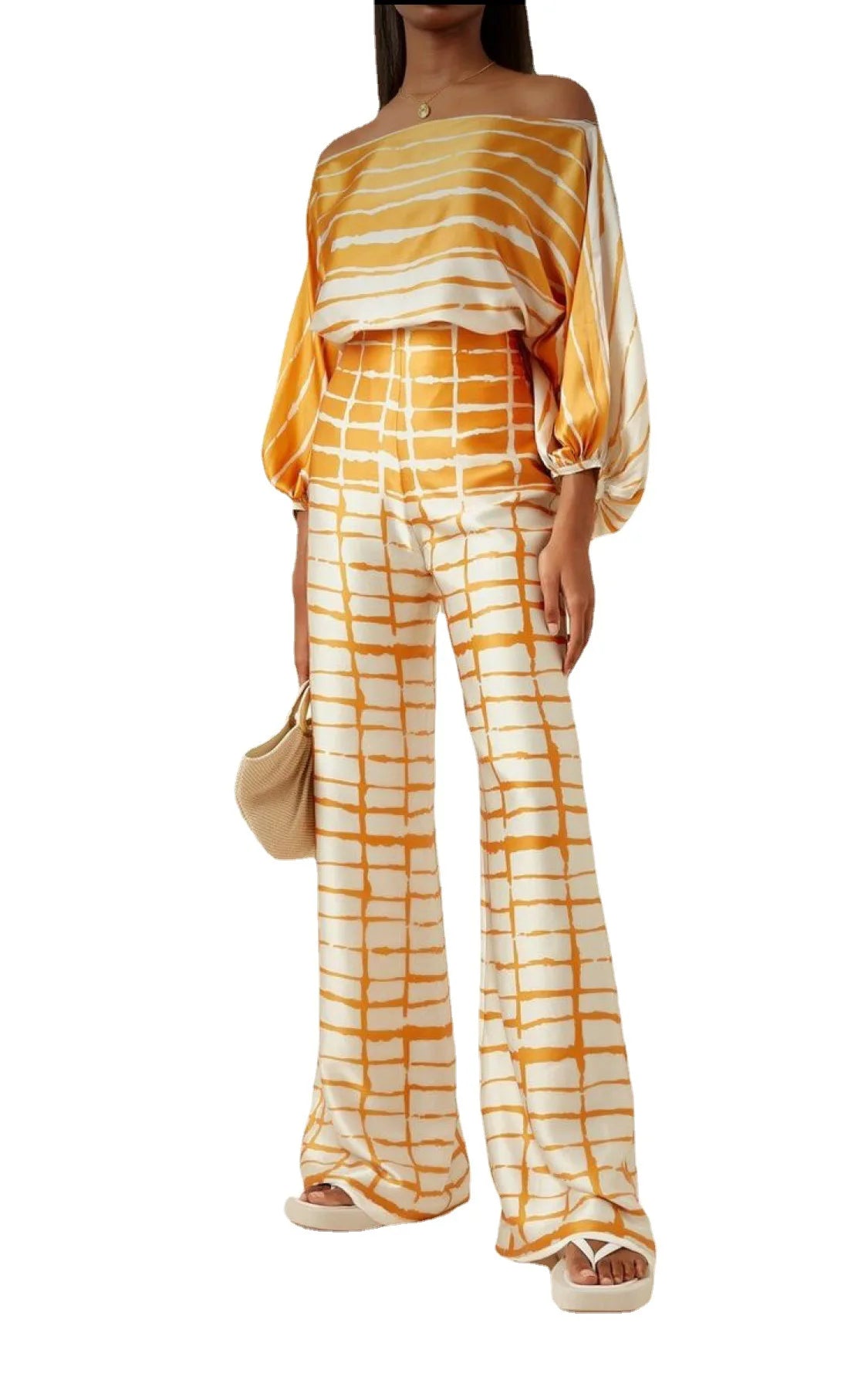 Satin Print Pajama Set Off-Shoulder Slash-Neck Top Long Pants — White | KIMLUD