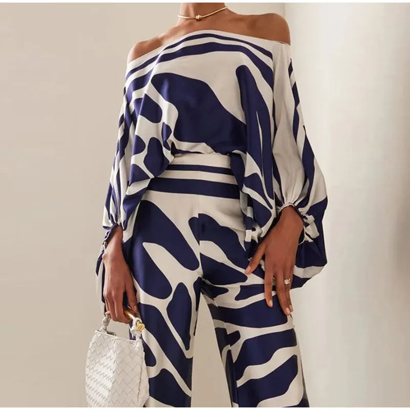 Satin Print Pajama Set Off-Shoulder Slash-Neck Top Long Pants — White | KIMLUD