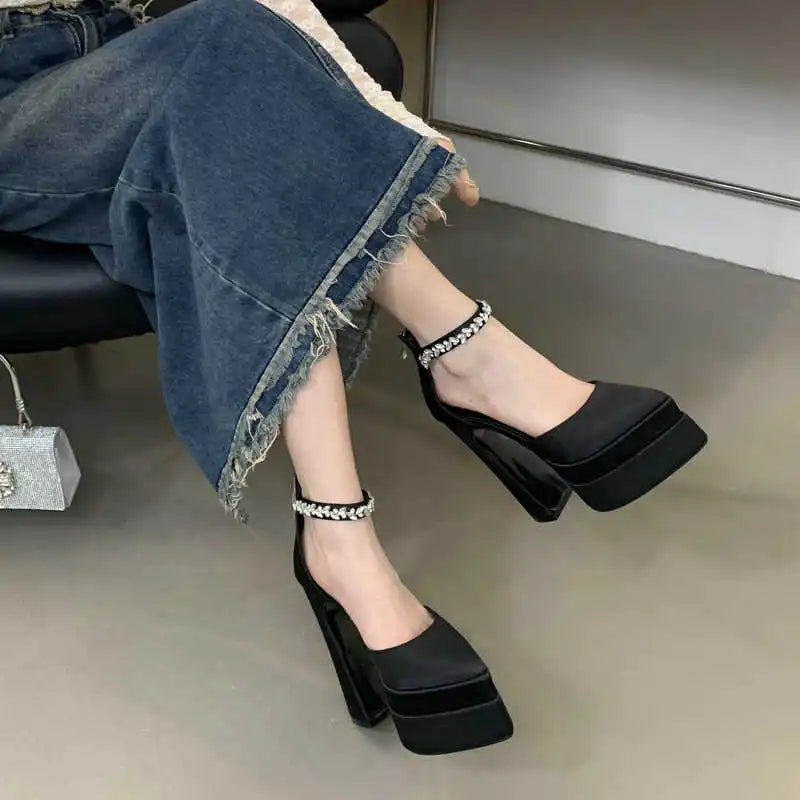 2025 New Fashion Catwalk Show Women's Single Shoes Fashion Pumps Summer Water Platform Thick Heel Pointed Toe Satin High Heels