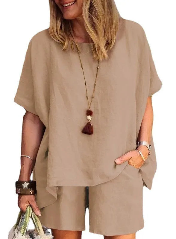 Cotton-Linen Two-Piece Set Plus Size Relaxed-Fit Short-Sleeve Top And Shorts — Steel-Blue | KIMLUD