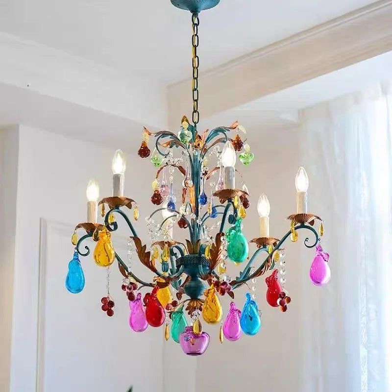 French Colorful Restaurant Chandelier Art Glass Lamp Romantic Bedroom Lamp Retro Colorful Candle Chandelier Crystal Lamp