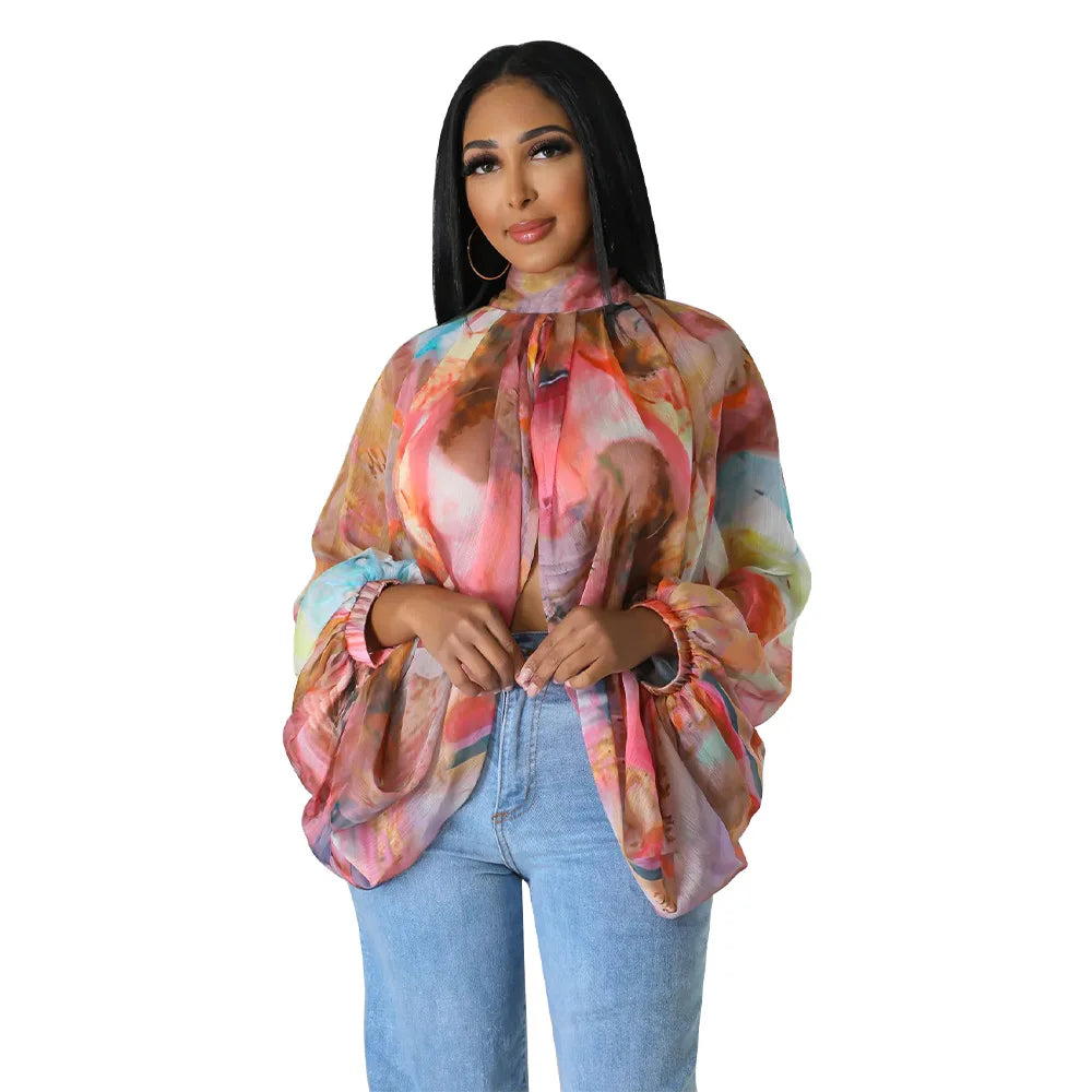 Women See Through Sheer Chiffon Blouse Sexy Front Back Open High Neck Self Tie Shawl Casual Shirts Y2K Night Club Party Tops