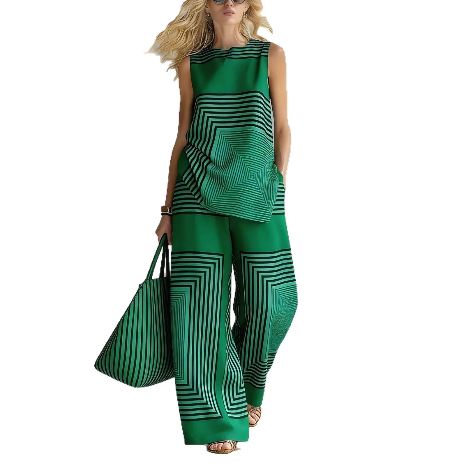 Striped 2-Piece Set — Sleeveless Vest & High-Waist Wide-Leg Pants | KIMLUD