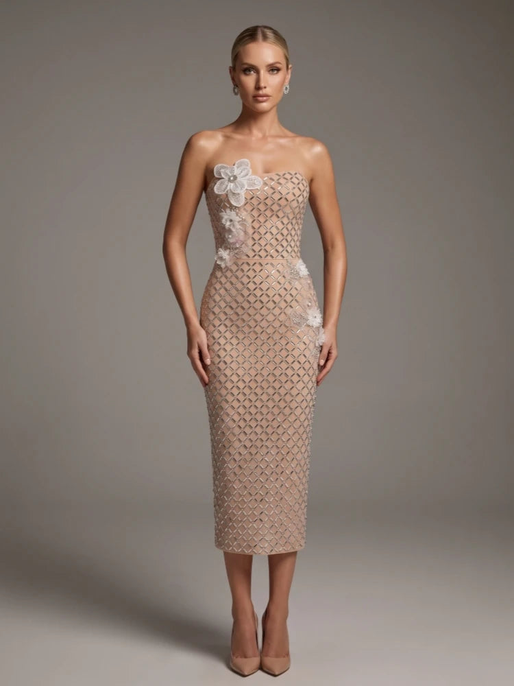 Sexy Strapless Luxury Diamonds Floral Sequined Midi Dress Women Apricot Sleeveless Backless Crystal Dresses Evening Party Gowns
