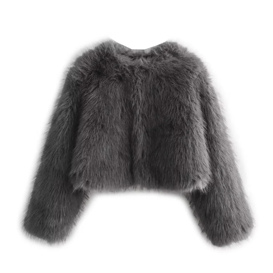 Faux fur jacket 2025 Fall/Winter New Fashion Women's Faux Fur Effect Round Neck Long Sleeve Short Jacket