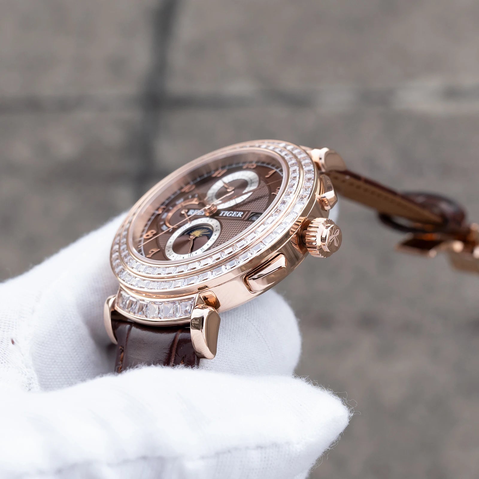 Rose Gold Moonphase Date Mechanical Watch — Brown | KIMLUD