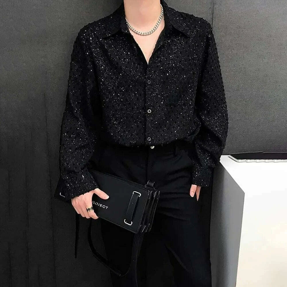 KIMLUD, 2025 Summer New Men's Starry Sky Hot Diamond Long Sleeve Shirt Korean Fashion Trend Retro Luxury Niche Party Stage Male Tops, KIMLUD Womens Clothes