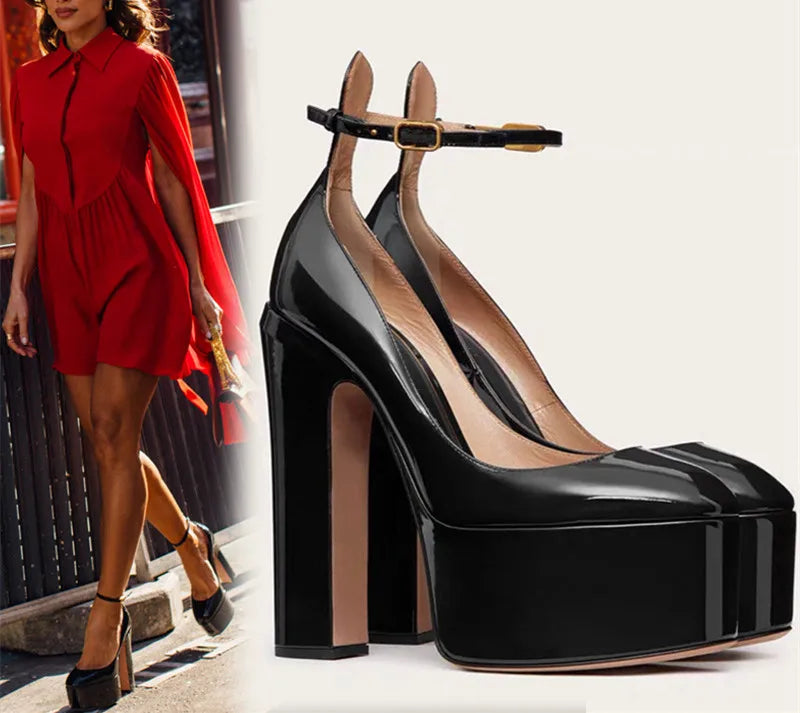Women New European And American Style Super High Heels Patent Leather Round Toe Thick Sole Large Size Thick Heel Shoes