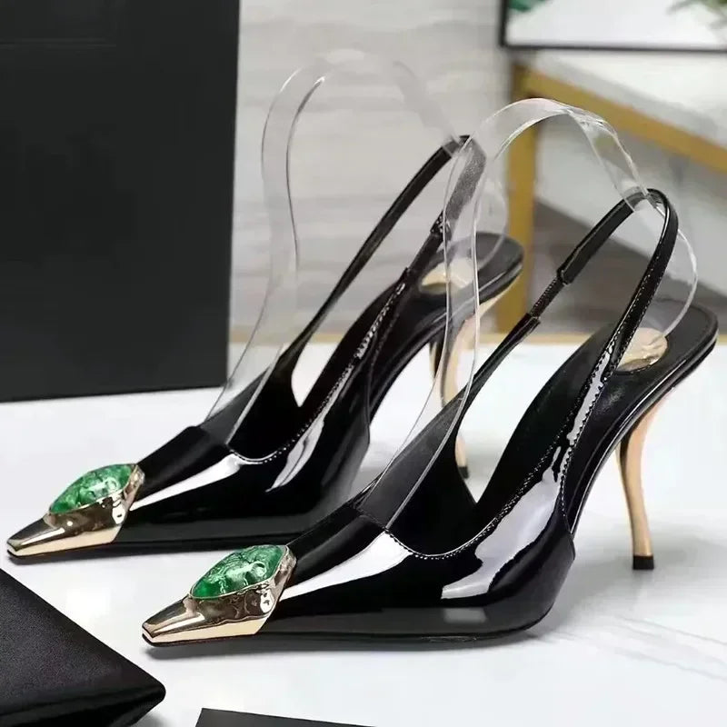 Luxury Metal Jewel Decoration Heels Women 2025 Sexy Pointed Toe Patent Leather Women Pumps Elegant Banquet High Heeled Sandals