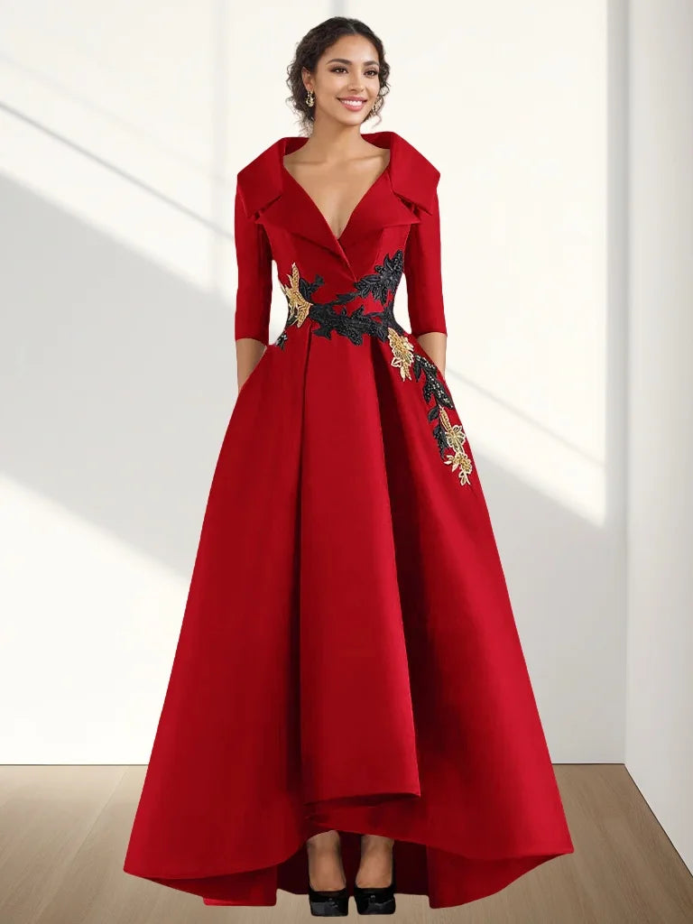 A-Line Evening Gown Vintage Elegant Dress Floor Length 3/4 Length Sleeve V Neck Satin with Beading Appliques 2024