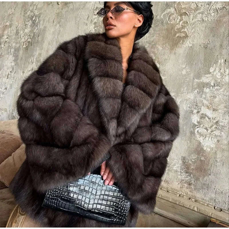 KIMLUD, Women Patchwork Faux Fur Coat Elegant Contrast Full Sleeve Lapel Loose Long Staple Plush Jacket Winter High Street Outerwears, KIMLUD Womens Clothes