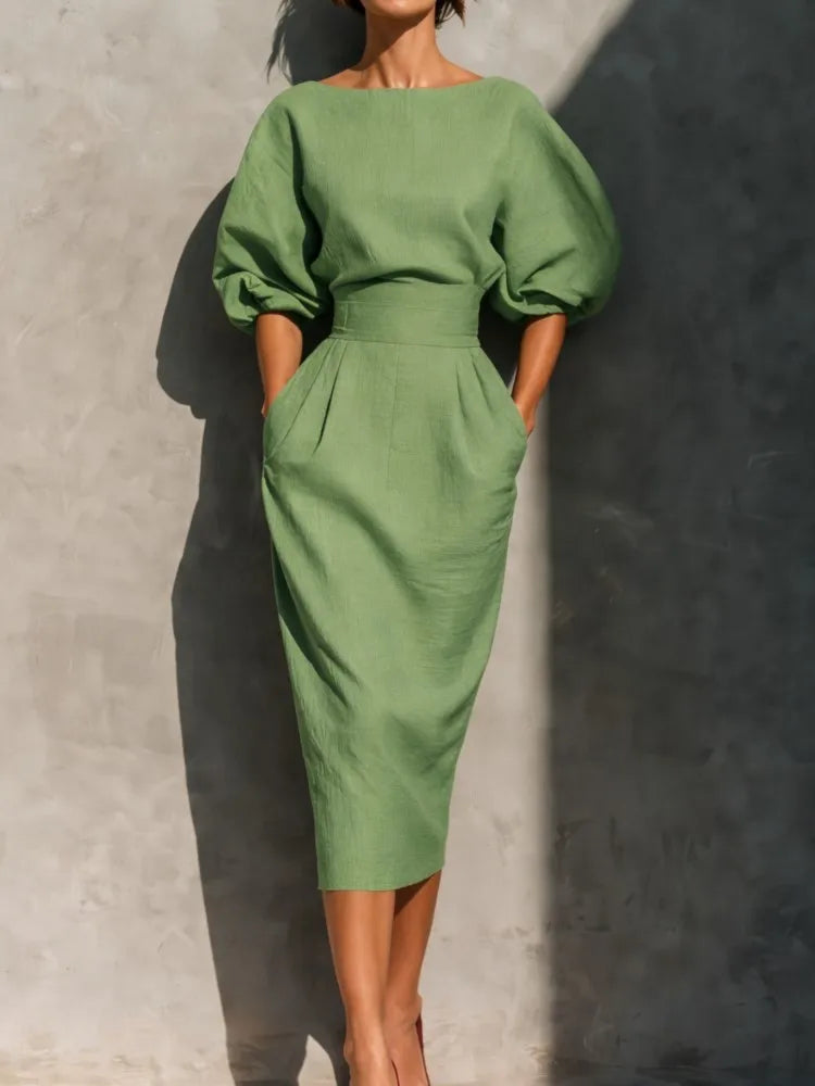 Dresses O-Neck Lantern Sleeve Pocket Midi Polyester Slim Solid | KIMLUD