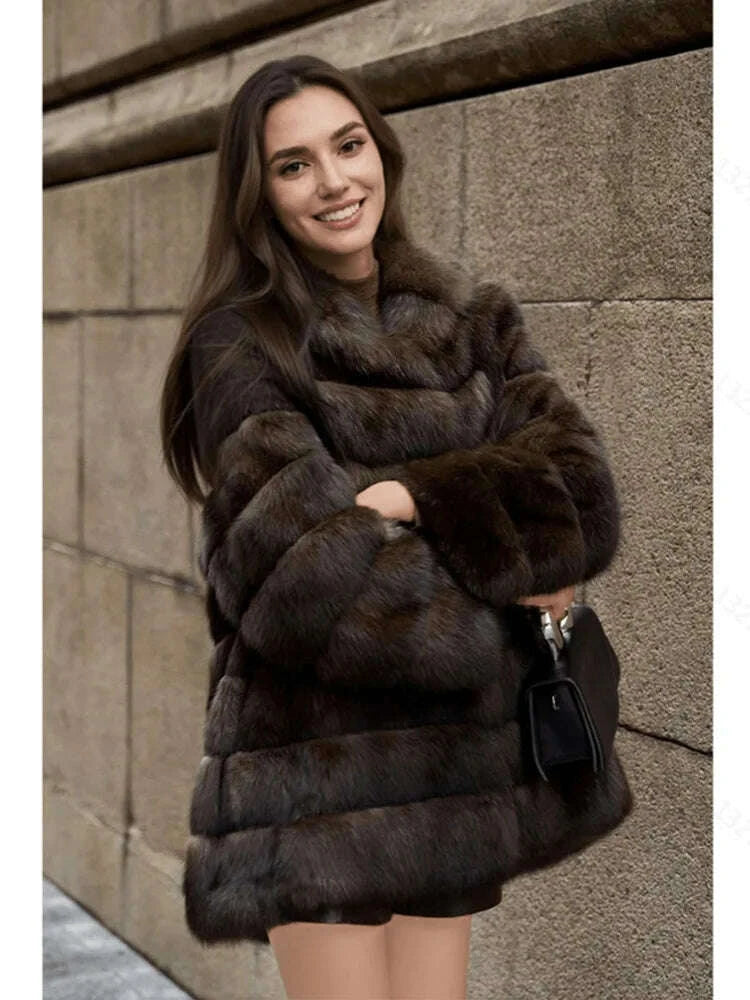 KIMLUD, LANMREM Brown Hooded Women's Faux Mink Fur Coat Thick Autumn Winter Chic New Cardigan Mid Length Loose Warm Jackets 2DB4632, KIMLUD Womens Clothes