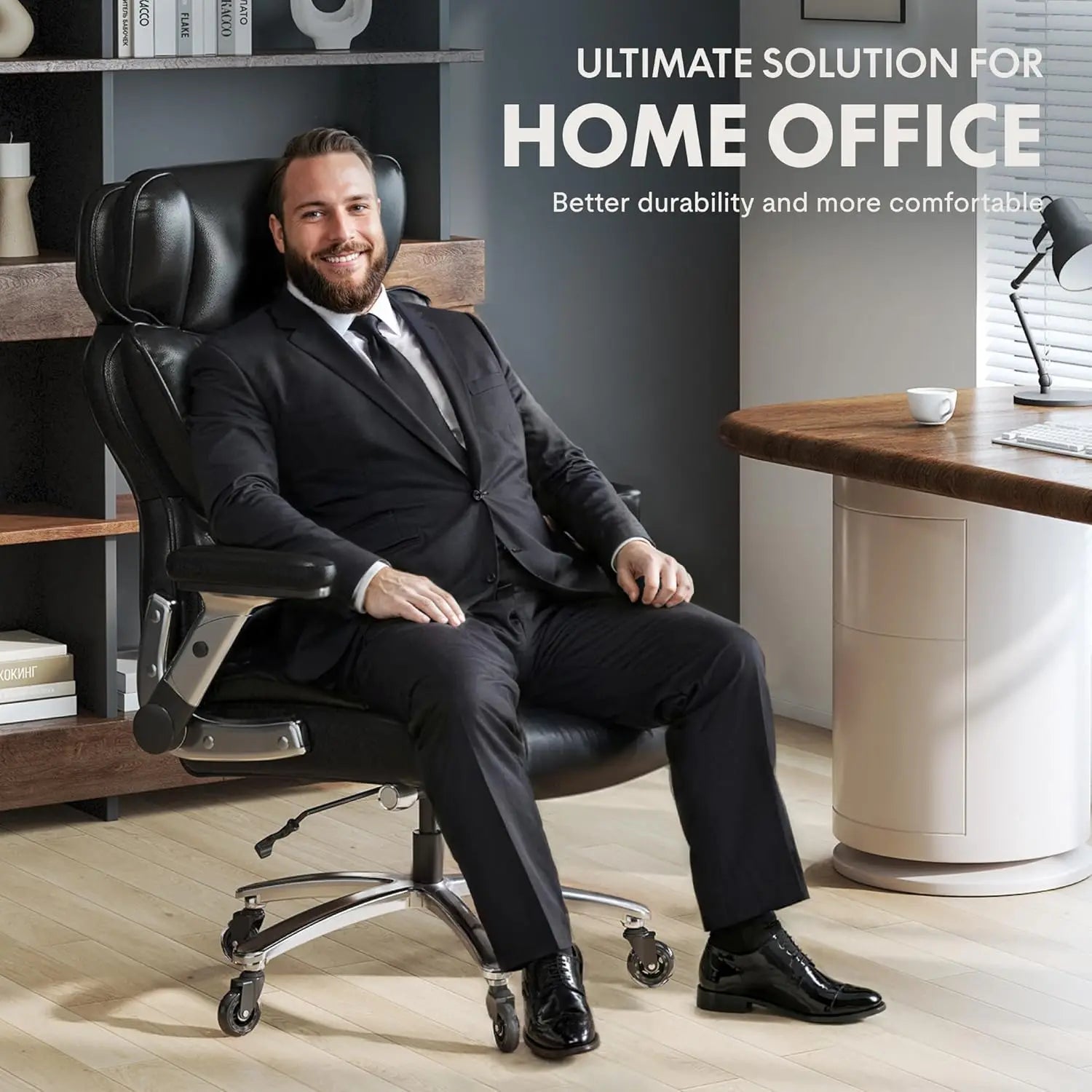 Leather and Steel Office Chair 600lbs Capacity with 2D Lumbar — Black | KIMLUD