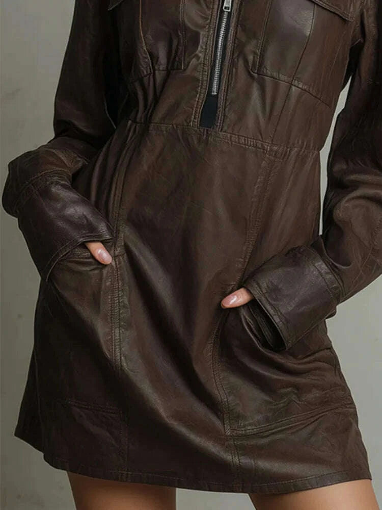 KIMLUD, Women's Faux Leather Dress Long Sleeve Half Zip Up High Collar Mini Dress with Pockets Casual Party Streetwear Autumn Outfits, KIMLUD Womens Clothes