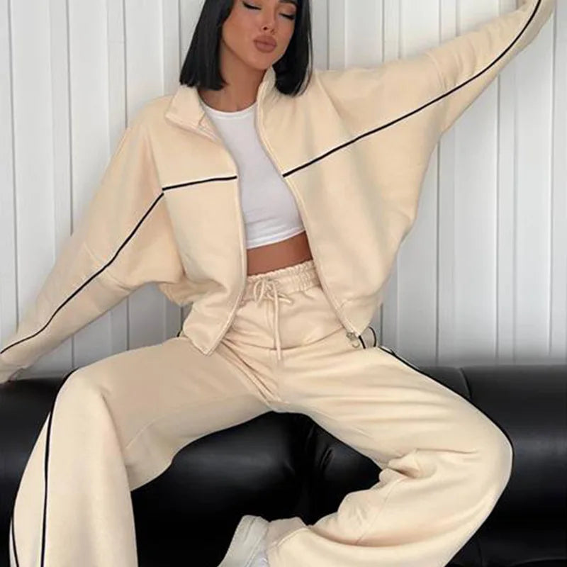 Cotton-Polyester Knit Cardigan Set With Tailored Wide-Leg Trousers — Cream | KIMLUD