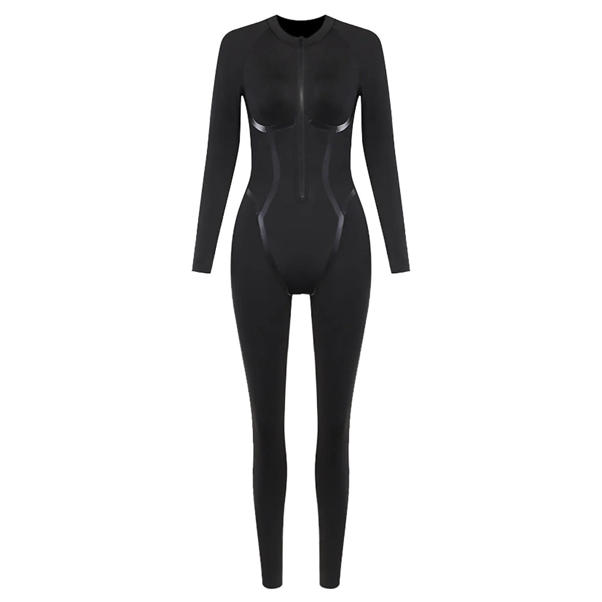 Jumpsuit – O Neck Full Sleeve Zipper – Broadcloth – Black | KIMLUD