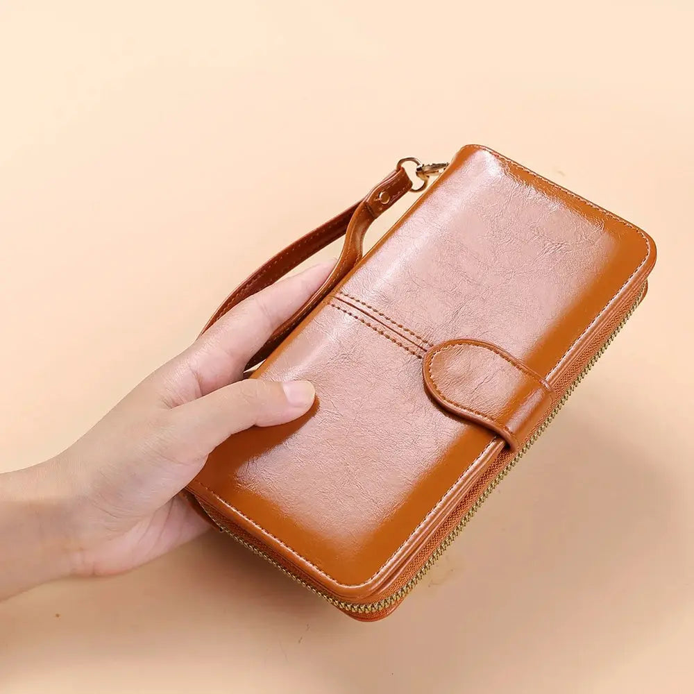 Oil-Wax PU Leather Clutch Wallet Large Capacity Phone Purse — Burgundy | KIMLUD