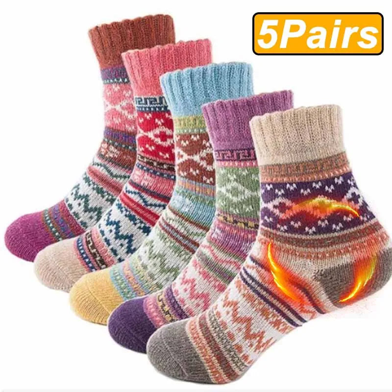 Merino Wool Socks Five-Pack Crew Thick Winter — Black | KIMLUD