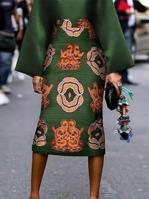 Krismile Women Spring Printed Midi Dresses 2024 Fashion Long Sleeves Round-Neck Midi Dresses Vintage Green Dresses - KIMLUD