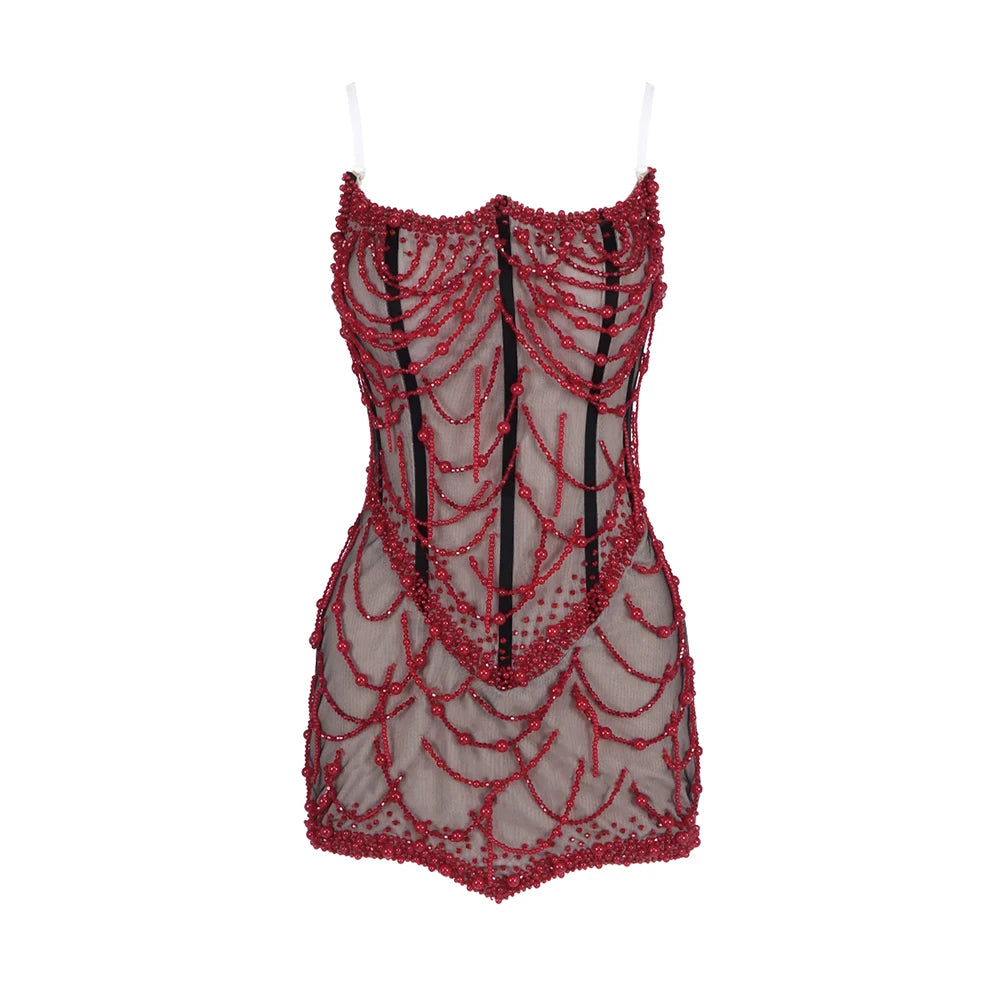 VC Glamorous Fashion Strapless Red Beaded Mesh Through Mini Sexy Dress with Corset for Club and Evening Party