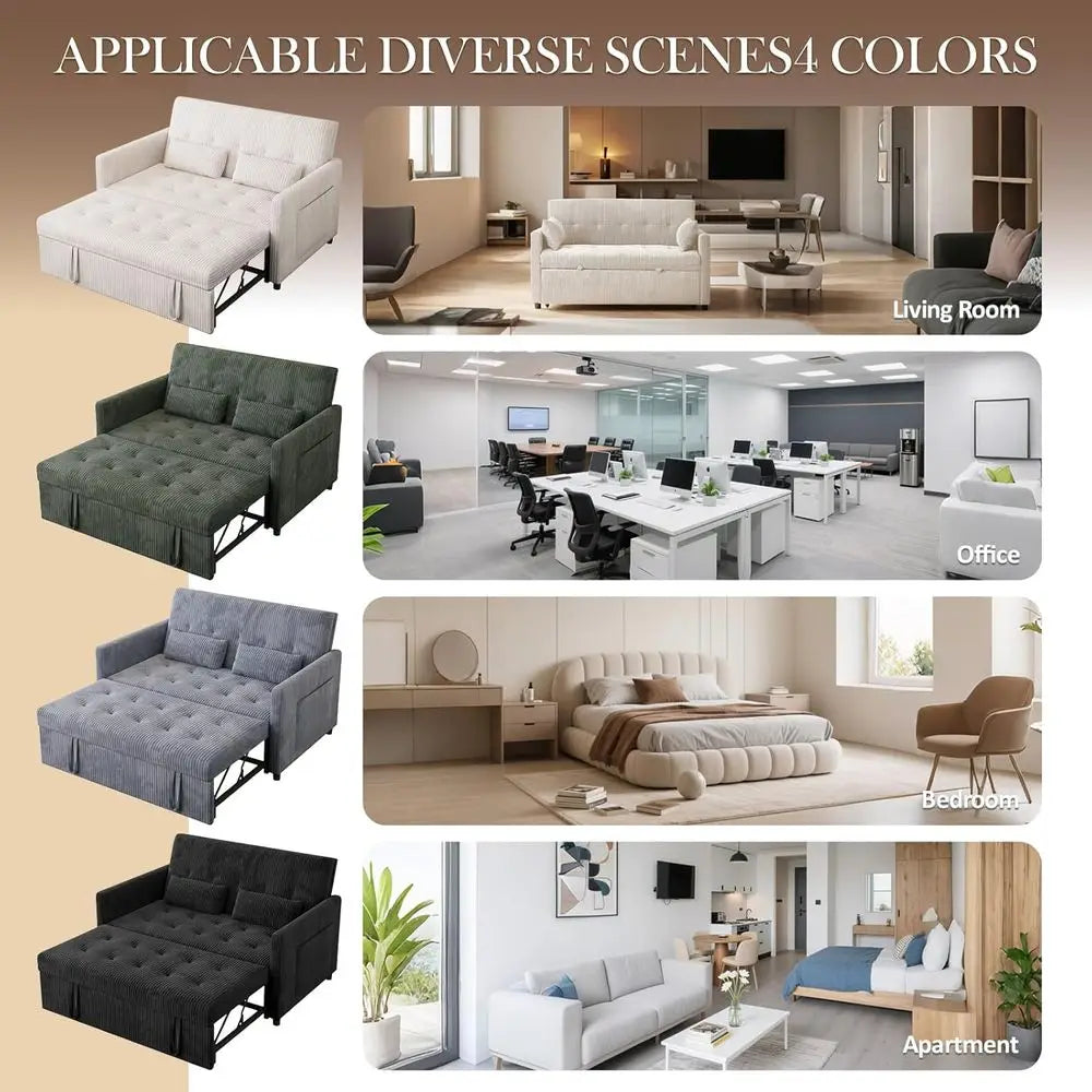 Corduroy Sleeper Sofa With USB Ports And Pull-Out Bed And Hidden Storage — Green | KIMLUD