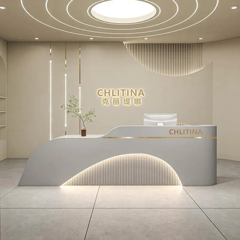 Simple Modern Front Reception Desk Curved Silhouette — White | KIMLUD