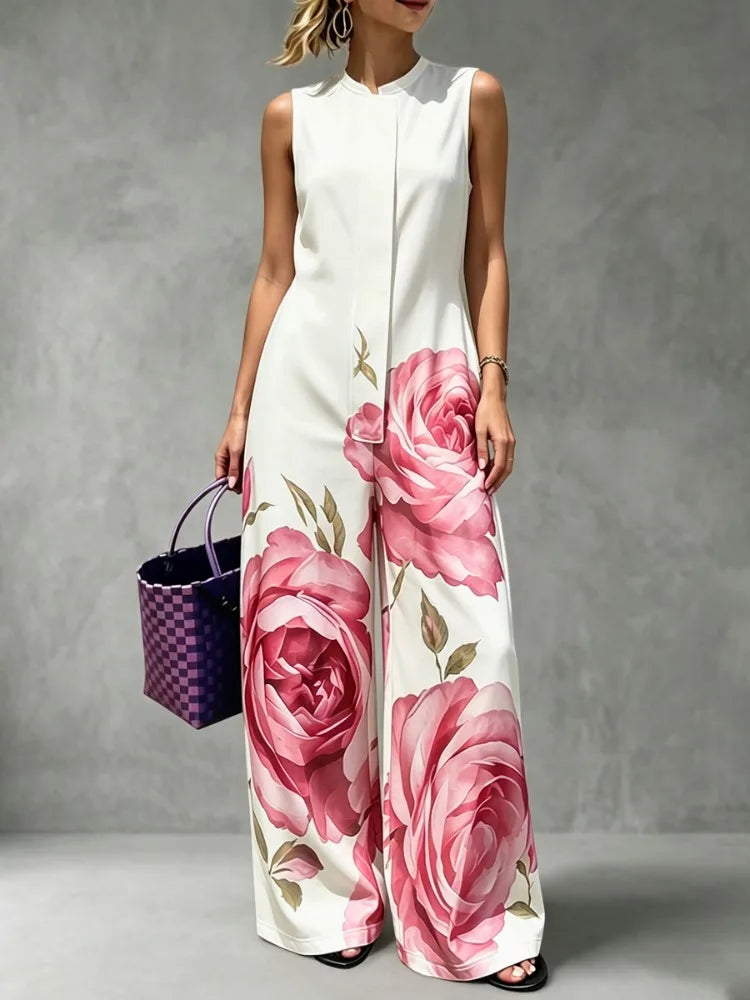Polyester Elastane Floral Jumpsuit — Black | KIMLUD