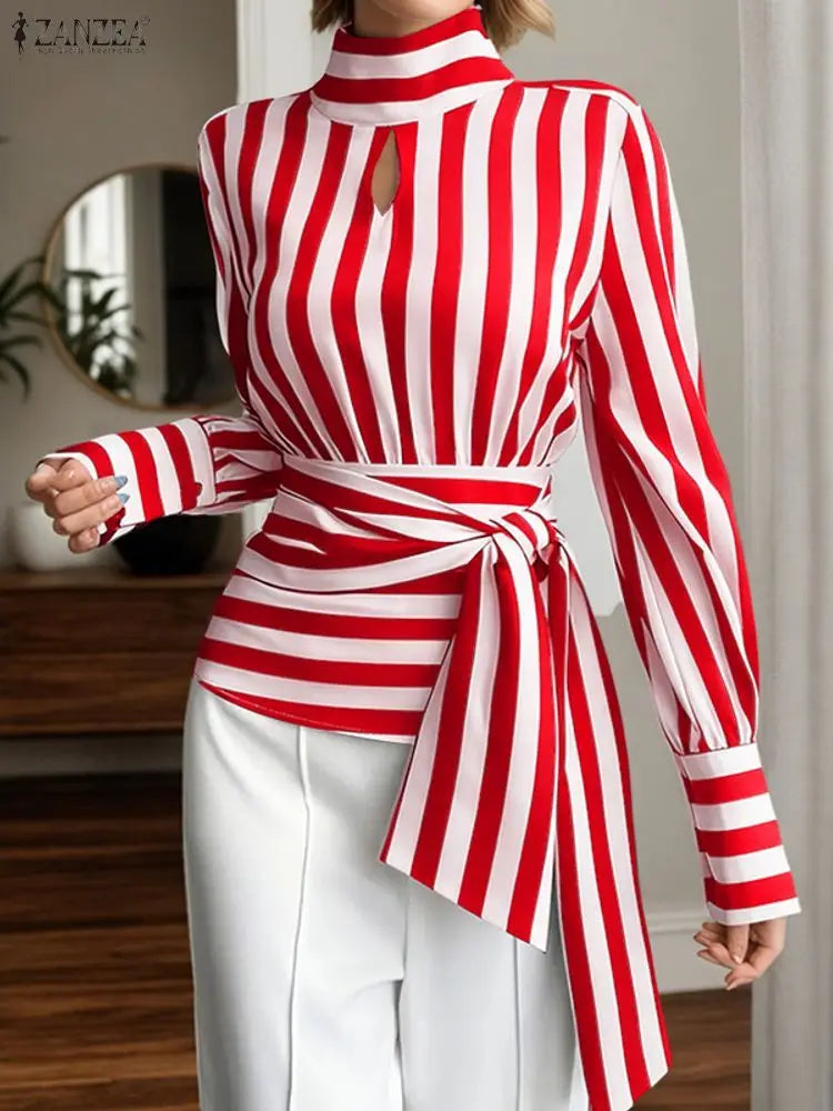 ZANZEA Women Stylish Tie Waist Striped Blouses 2025 Autumn Fashion Long Sleeve Cutout Turtleneck Tops Woman Clothing Streetwear