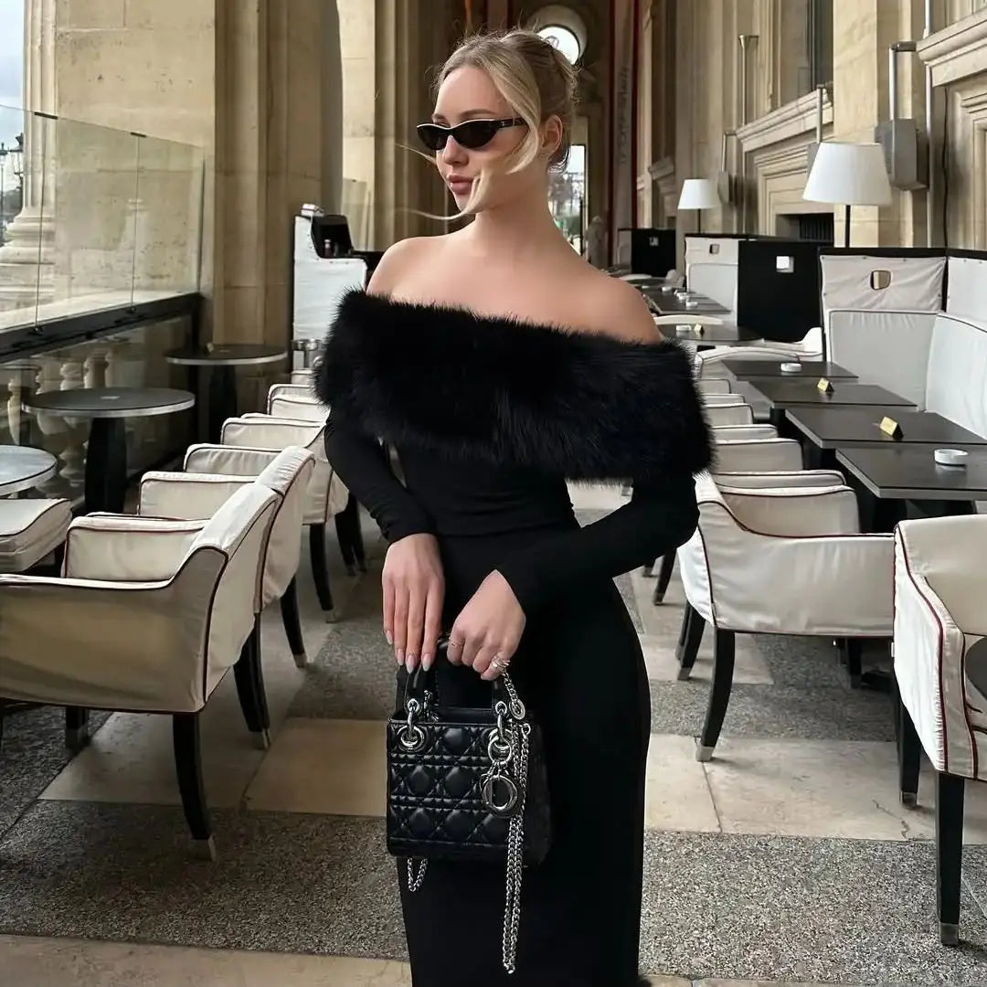 Off-Shoulder Midi Dress – Faux Fur Long Sleeve – Black | KIMLUD
