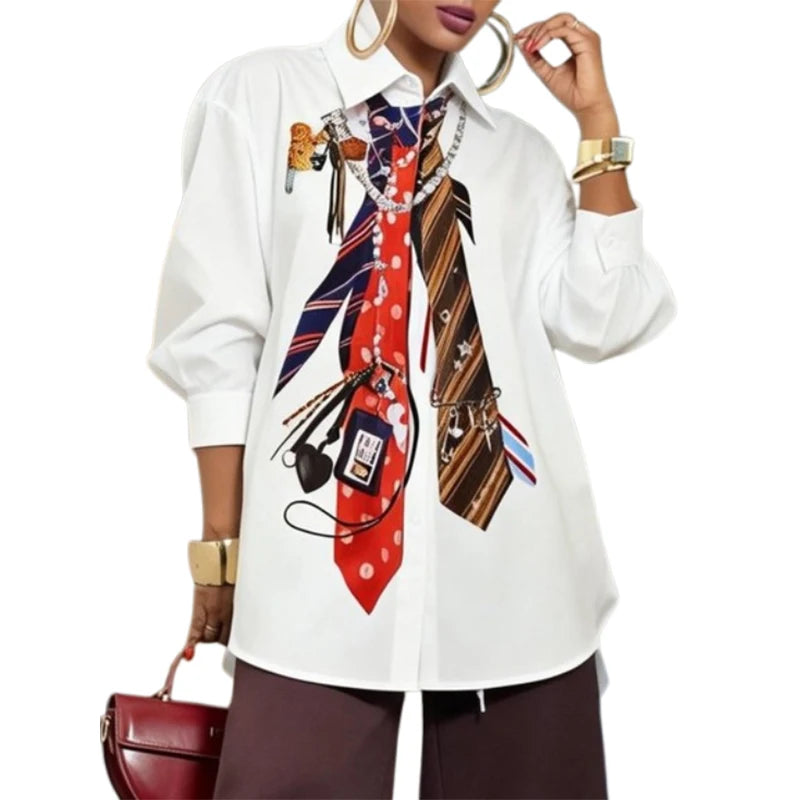 Polyester Blouse 3D Tie Print Lapel — White | KIMLUD