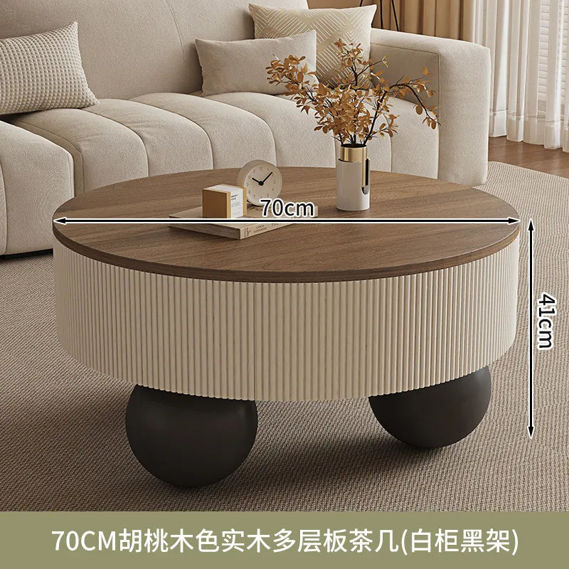 Minimalist Round Coffee Table With Storage Drawers — Ivory White | KIMLUD