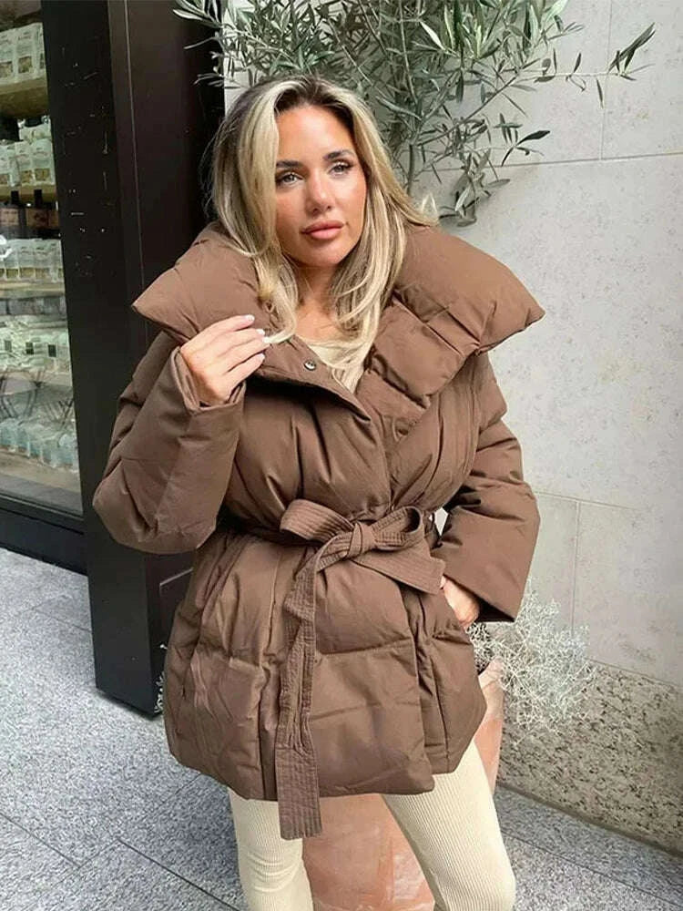 KIMLUD, Women Solid Thicken Cotton Jackets Casual Stand Collar Zipper Long Sleeves Lace Up Detachable Hat Coat Winter Lady Warm Outwear, KIMLUD Womens Clothes