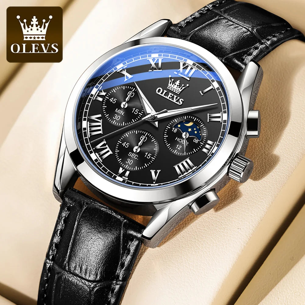 Rose-Gold Chronograph Moon Phase Watch Leather Strap — Black | KIMLUD