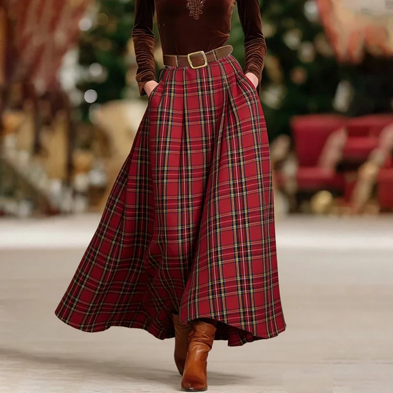 KIMLUD, Women's Red Plaid High Waist Skirt with Belt/Lined 2026 New A-line Vintage Pockets Christmas Party Elegant Long Skirts 195448, KIMLUD Womens Clothes