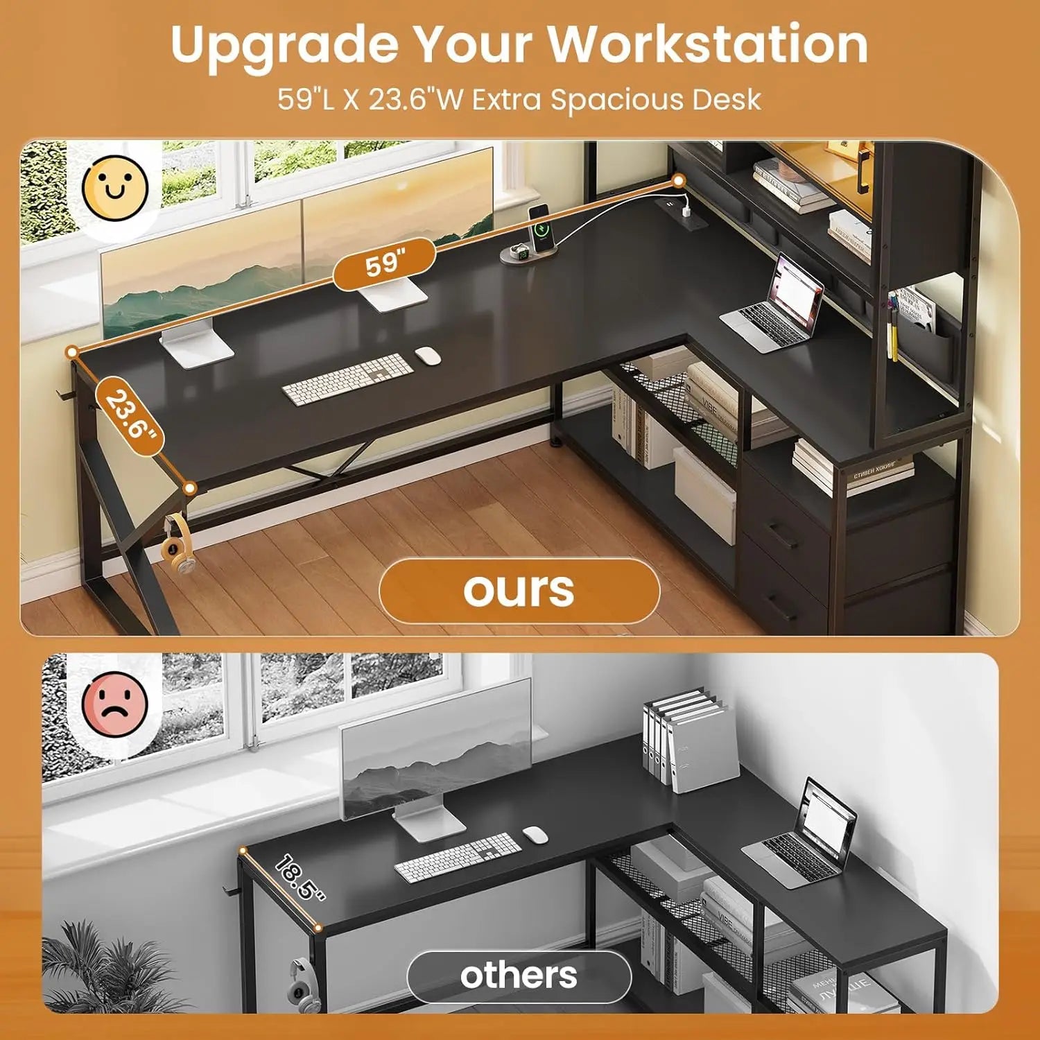 L Shaped Gaming Desk, Home Office Computer Desk with 2 Drawer and Bookshelf, L Shaped Gaming Desk with LED Light,, Customized